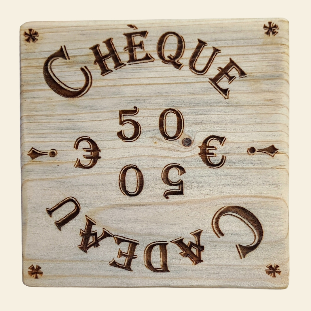 Carte cadeau chèque en bois 50€